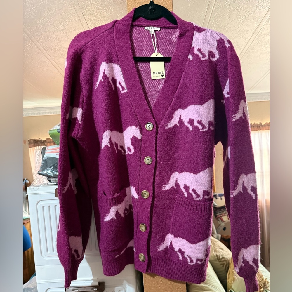 NWT JODIFL Women's Pink purple Horse Pattern button Sweater Cardigan size L 🐎 - Picture 3 of 6